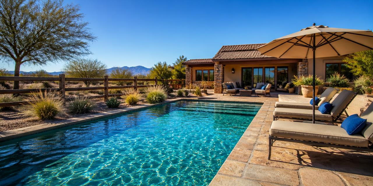 Sparkling blue swimming pool with desert ranch landscaping